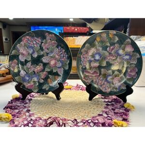 Andrea by Sadek Decorative Plates Set of 2 Fruit Floral Teal Gold Porcelain